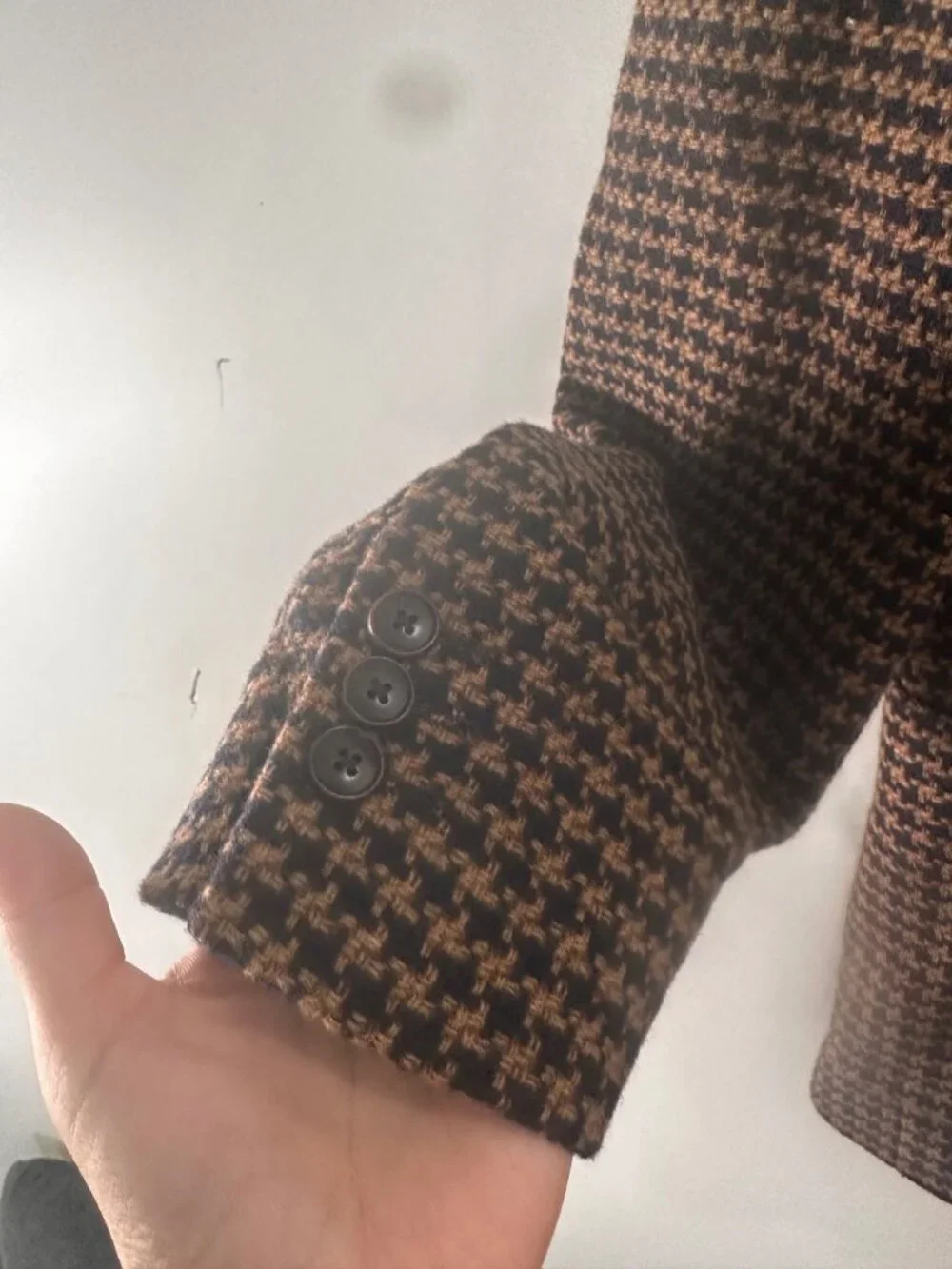 Zara Houndstooth Single Breasted Blazer Mens XL Brown Wool Blend Office Preppy